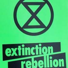 Extinction Rebellion logo of a black hourglass in a circle on a green background