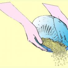 cartoon of two hands holding a cone-shaped bowl and pouring rice out of it